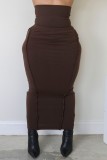 ブラウンカジュアルソリッドベーシックスキニーハイウエスト従来のソリッドカラースカート