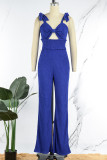 Blue Sexy Casual Solid Bandage Hollowed Out Backless Spaghetti Strap Regular Jumpsuits