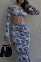 Blue Sexy Street Geometric Backless Printing O Neck Long Sleeve Two Pieces