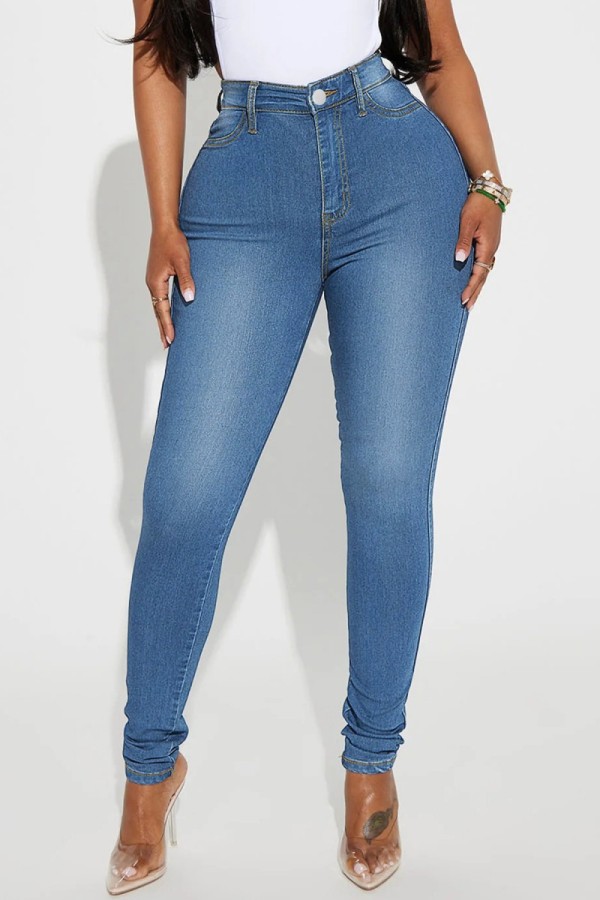 Jeans in denim skinny a vita alta tinta unita casual blu medio