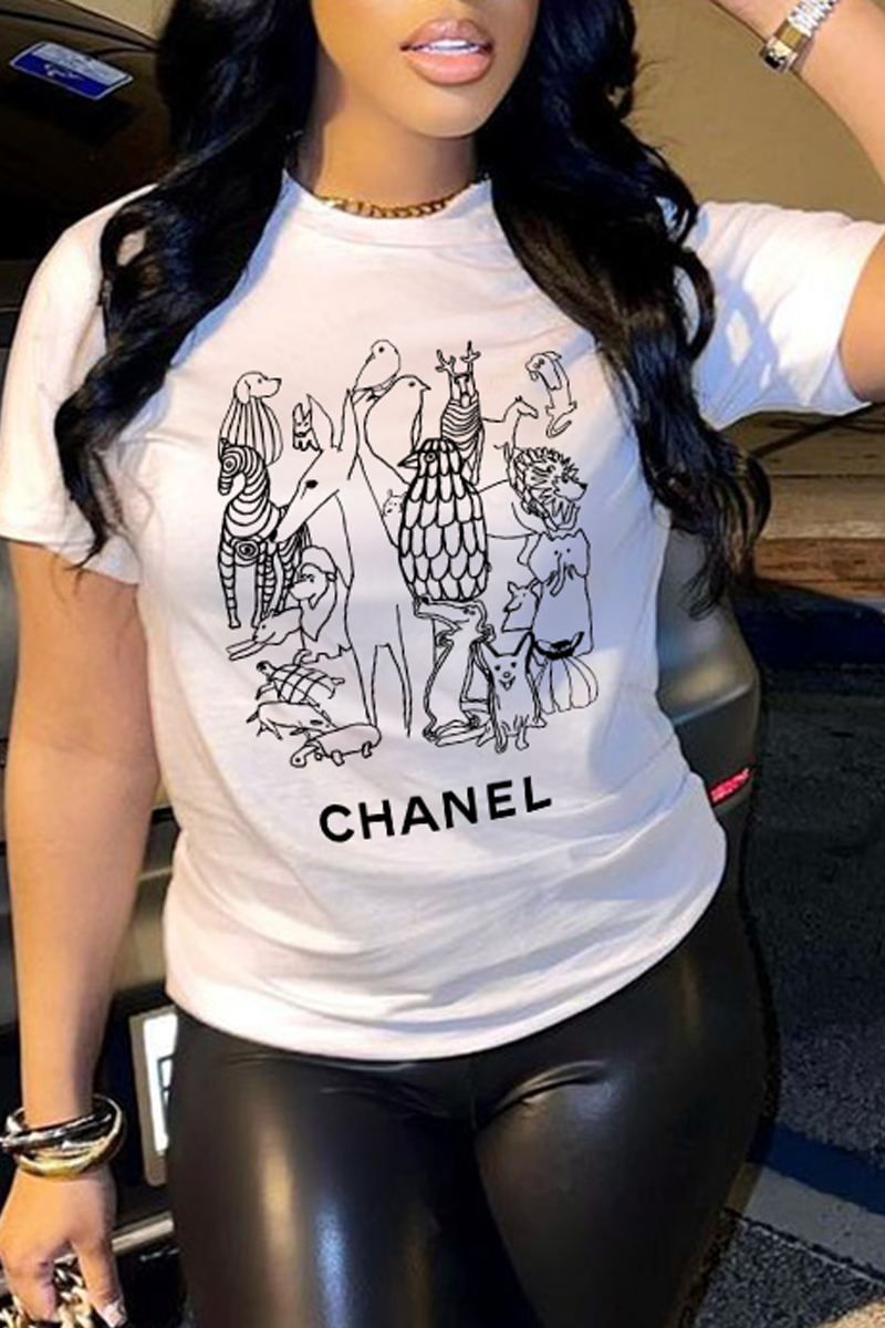 

White Casual Daily Print Patchwork Letter O Neck T-Shirts
