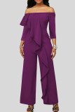 Purple Casual Solid Patchwork Flounce Off the Shoulder Straight Jumpsuits