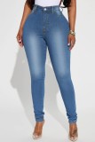 Mellanblå Casual Solida Skinny Jeans med hög midja