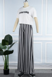White Casual Striped Print Patchwork O Neck Short Sleeve Two Pieces