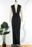 Black Sexy Solid Patchwork Asymmetrical V Neck Irregular Dress Dresses