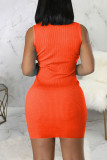 Tangerine Red Sexy Solid Patchwork O Neck Pencil Skirt Dresses