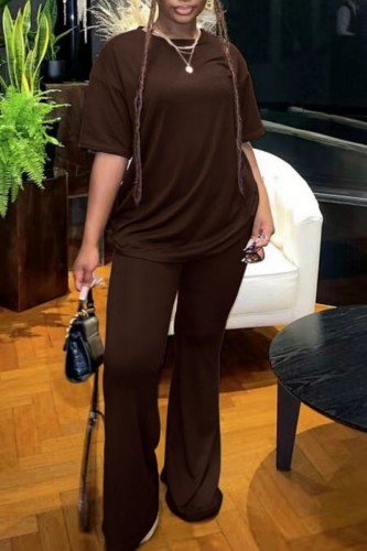 Brown Casual Solid Basic O Neck Half Sleeve Two Pieces