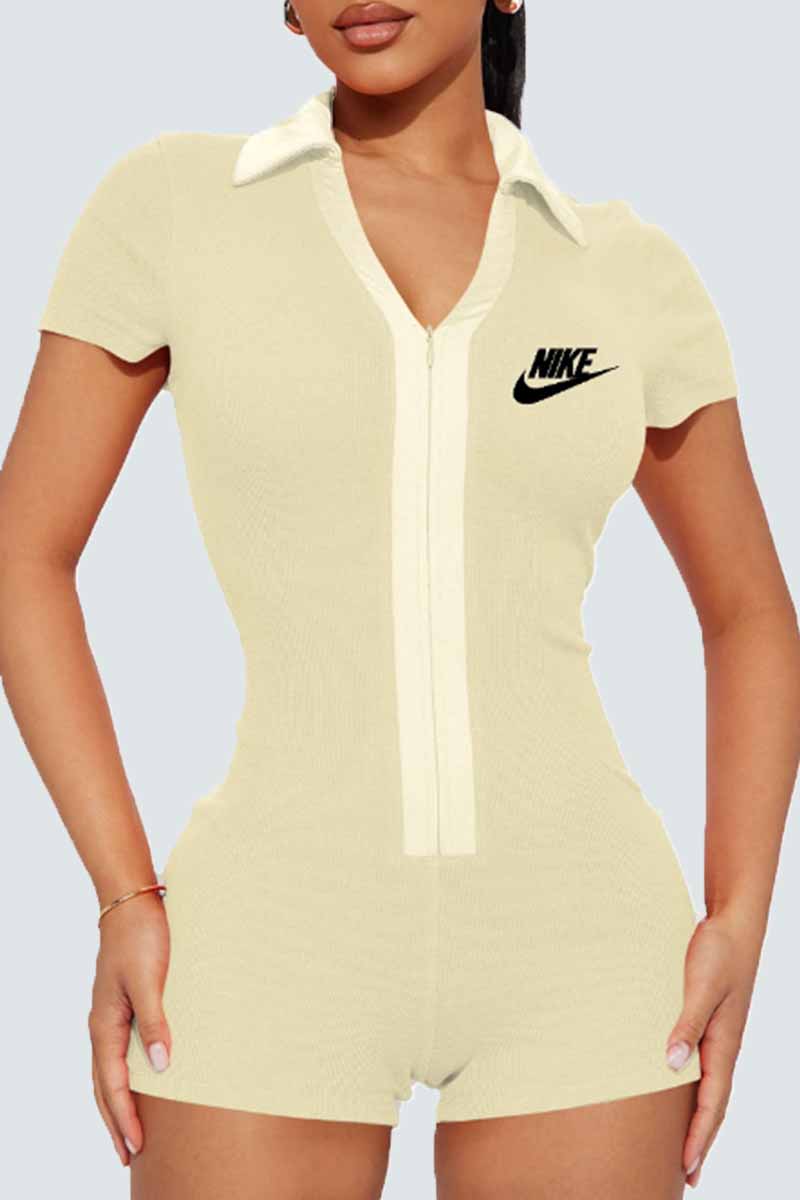 

Cream White Sexy Print Letter Turndown Collar Jumpsuits