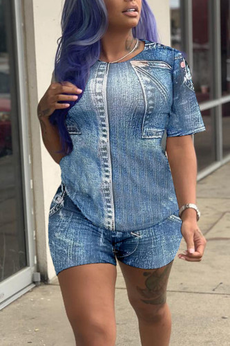 The cowboy blue Casual Print Patchwork O Neck Short Sleeve Two Pieces