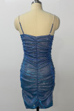 Blauwe sexy effen gevouwen strass vierkante kraag A-lijn jurken