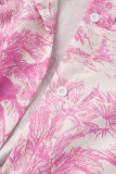 ローズピンクカジュアルプリントパッチワークシャツカラーロングスリーブドレス