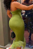 グリーン セクシー カジュアル ソリッド パッチワーク ホルター ワン ステップ スカート ドレス