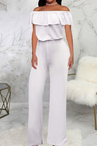 White Casual Solid Patchwork Flounce Off the Shoulder Straight Jumpsuits