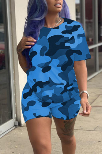 Blue Casual Print Patchwork O Neck Short Sleeve Two Pieces