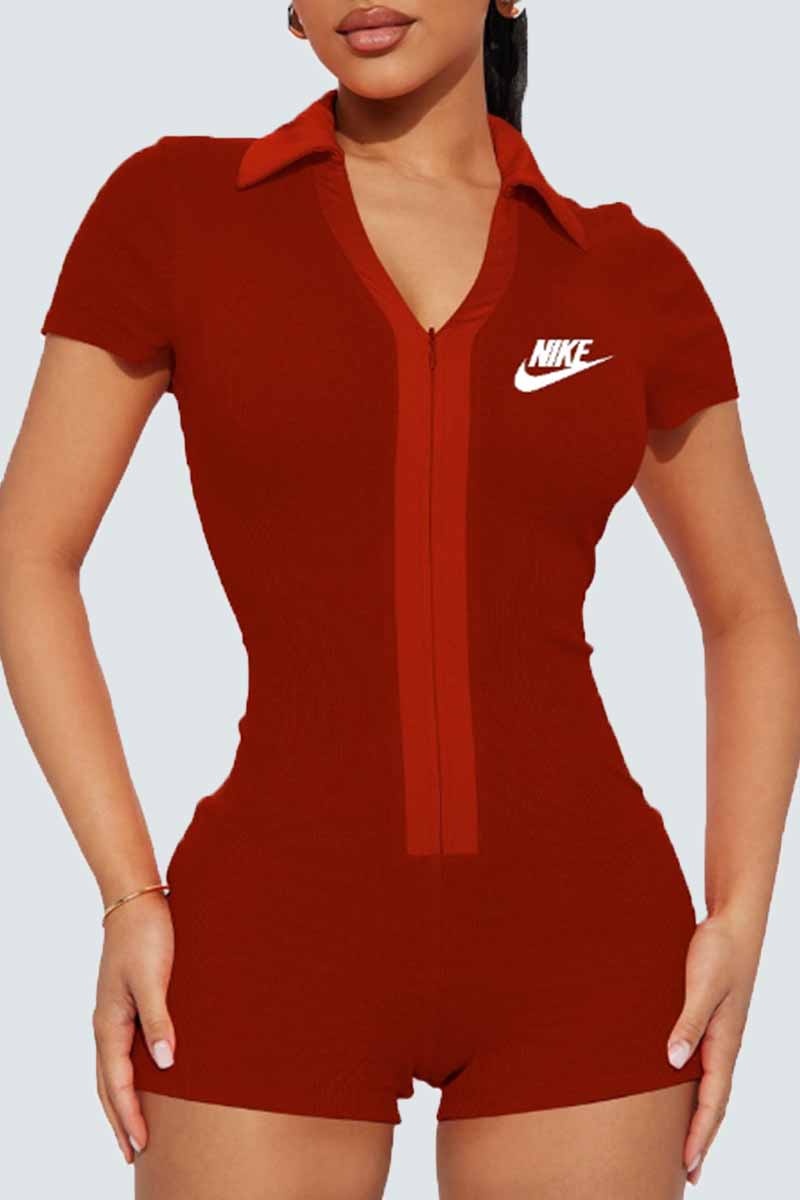 

Brick Red Sexy Print Letter Turndown Collar Jumpsuits