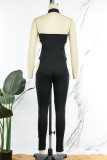 Black Sexy Solid Hollowed Out Backless Halter Skinny Jumpsuits