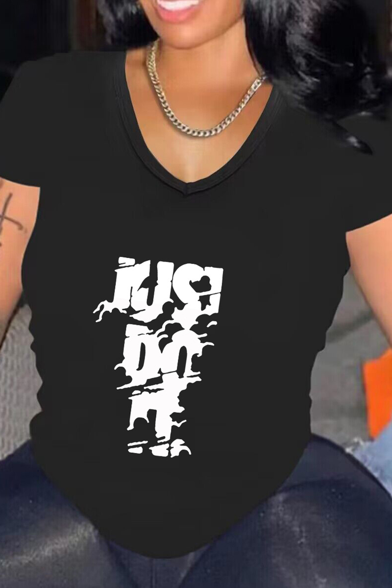 

Black Street Print Letter V Neck Plus Size Tops