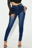 Diepblauwe casual effen skinny jeans met hoge taille en hoge taille