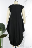 Vestido preto casual sólido patchwork com decote em O irregular vestidos tamanho grande