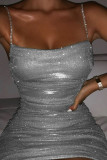 Silver Sexy Solid Fold Rhinestone Square Collar A Line Dresses