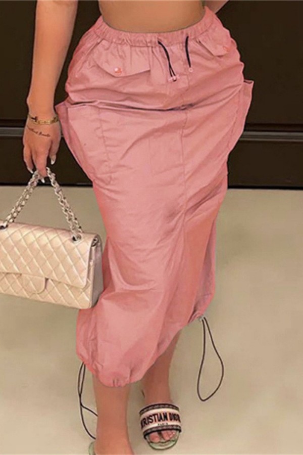 Розовая повседневная однотонная лоскутная обычная однотонная юбка с высокой талией