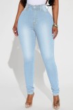 Jeans de mezclilla ajustados de cintura alta casuales sólidos azul profundo