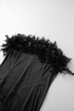 Vestido de noche sin tirantes de plumas de patchwork sólido sexy negro Vestidos de talla grande
