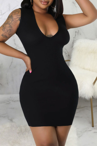 Black Sexy Solid Patchwork O Neck Pencil Skirt Dresses