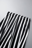 Dos piezas de manga corta con cuello en O de patchwork con estampado de rayas casual negro