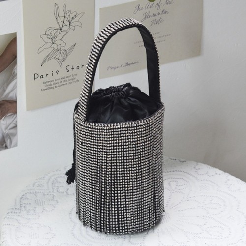 Black Casual Daily Party Patchwork Rhinestone Tassel Bags