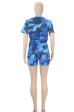 Blue Casual Print Patchwork O Neck Short Sleeve Two Pieces