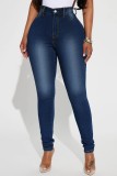 Diepblauwe casual effen skinny jeans met hoge taille en hoge taille