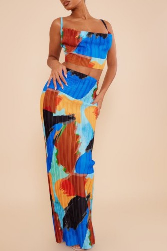 Blue Sexy Casual Print Backless Spaghetti Strap Sleeveless Two Pieces