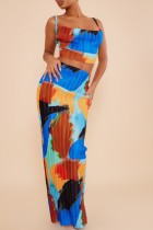 Blauw Sexy Casual Print Backless Spaghetti Band Mouwloos Two Pieces