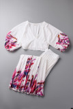 White Casual Print Patchwork Fold V Neck Half Sleeve Two Pieces