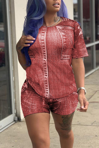 Brick Red Casual Print Patchwork O Neck Short Sleeve Two Pieces