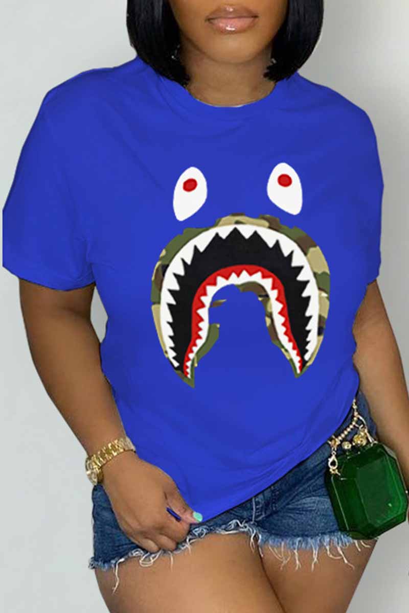 Blue Casual Print Patchwork O Neck T-Shirts