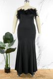ブラック セクシー ソリッド パッチワーク フェザー ストラップレス イブニング ドレス プラス サイズ ドレス