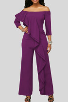 Purple Casual Solid Patchwork Flounce Off the Shoulder Straight Jumpsuits