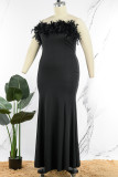 Black Sexy Solid Patchwork Feathers Strapless Evening Dress Plus Size Dresses