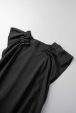 Zwarte casual effen patchwork onregelmatige jurk met ronde hals Grote maten jurken