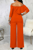 Orange Casual Solid Patchwork Flounce Off the Shoulder Straight Jumpsuits