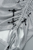 Collare obliquo asimmetrico fasciatura stampa sexy grigio manica lunga due pezzi
