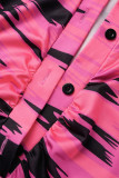 ローズレッドカジュアルプリントパッチワークボタン折りターンダウンカラーワンステップスカートドレス