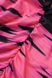 ローズレッドカジュアルプリントパッチワークボタン折りターンダウンカラーワンステップスカートドレス