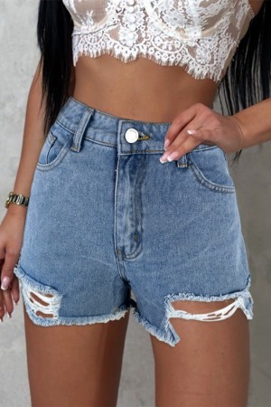 Blue Casual Solid Patchwork High Waist Regular Ripped Denim Shorts