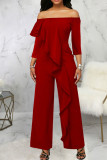 Burgund Casual Solid Patchwork Volant Off the Shoulder Straight Jumpsuits