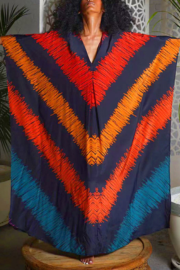 Robe longue bleu marine décontractée à imprimé patchwork col en V Robe grande taille