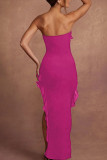 ピンクのセクシーな固体パッチワーク フラウンス スリット非対称ストラップレス ロング ドレス ドレス