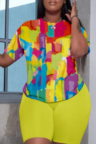 Yellow Casual Print Basic O Neck Short Sleeve Two Pieces